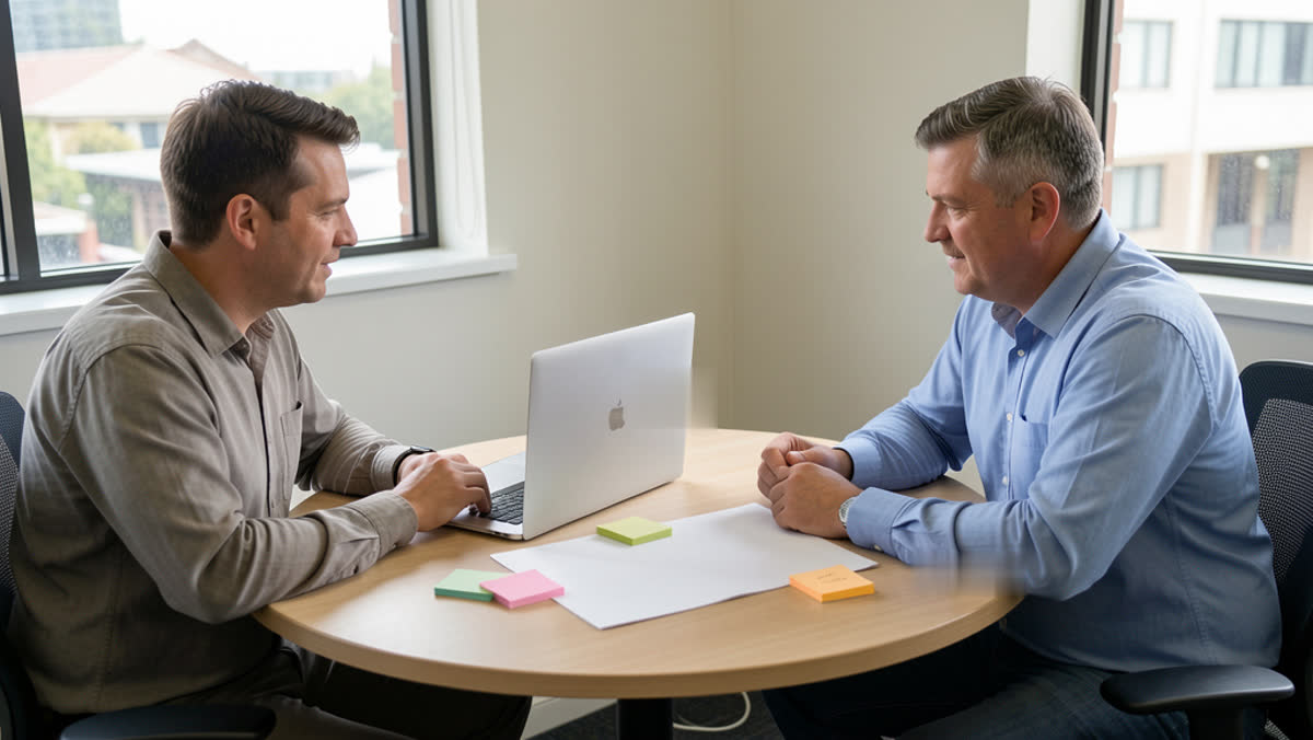Business team mapping an AI agent workflow with an Arista consultant