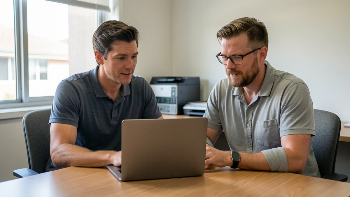 Arista IT support specialist helping a Sydney business team around a laptop